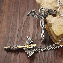 Punk Rock Dragon Sword Men Necklace Cool Gold Silver Stainless Steel Long Chain Men Jewelry Necklace