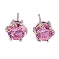 Women Jewelry Delicate Round Cut Pink Topaz 925 Silver Stud EarringsNew Fashion Style Whlesale Free Shipping