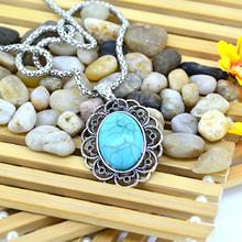 New 2015 Unique Flower Petal Pattern Design Exquisite Silver Plated Oval Round Necklace Turquoise for Women
