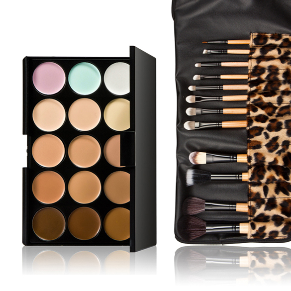 15 Colors Contour Face Cream Makeup Concealer Palette 12pcs Leopard Brush F OS