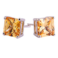 New Fashion Women Jewelry Charming Princess Cut Champagne Morganite 925 Silver Stud Earrings Whlesale Free Shipping
