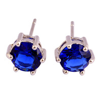 New Fashion Style Women Jewelry Round Cut Blue Sapphire Quartz 925 Silver Stud Earrings Whlesale Free Shipping