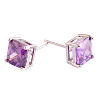 New Fashion Women Jewelry Pretty Princess Cut Purple Amethyst 925 Silver Stud Earrings Whlesale Free Shipping