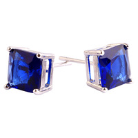 New Fashion Women Jewelry Princess Cut Junoesque Blue Saphhire Quartz 925 Silver Stud Earrings Whlesale Free Shipping