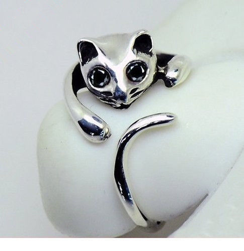 2015 New Adjustable Cute Silver Cat Shaped Ring With Rhinestone Eyes