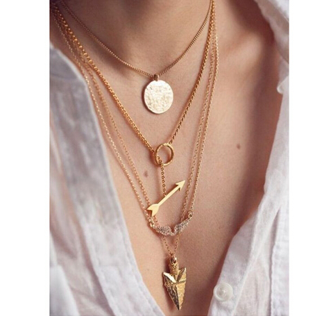 2015 summer style 4 layer arrow design necklace pendant charm gold choker necklace women jewelry 
