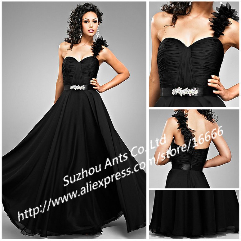 GW0202 Best Sellling Black Chiffon Long One Shoulder Evening Dress