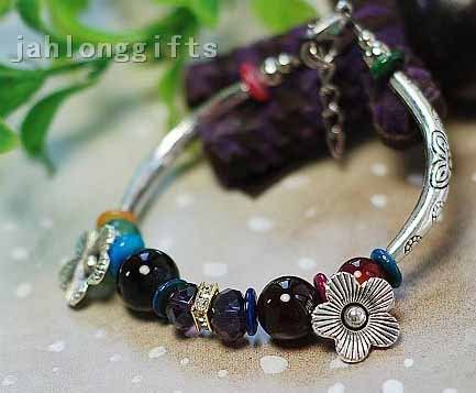 Wholesale Ladies Trendy Jewelry Tibet Style Bracelet Decorated with Black Agate + Crytal Bead 30pcs Mixed Lot Free Shipping(China (Mainland))