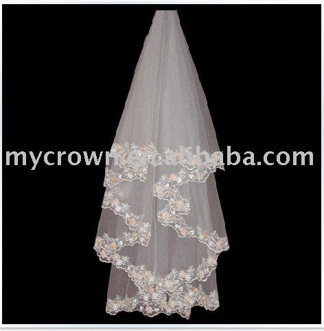Discounted Top Grade handcraft champagne lace Bridal Veil wedding dress veil