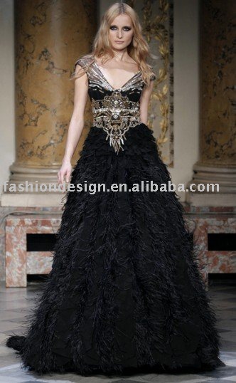 VE953 Newest unique black real feather with long traili wedding dress