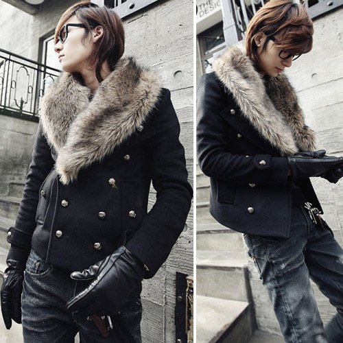 men's Coats black color windbreaker fur collar short jacket double breasted top 5 buyers 20%off(China (Mainland))