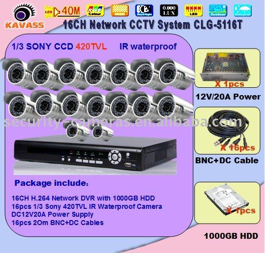 16pcs ir waterproof outdoor sony ccd cameras and 16ch digital video recorder cctv kit CLG-5116T 16ch H.264 Network cctv system(China (Mainland))