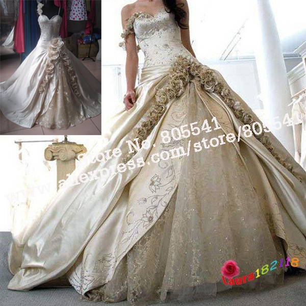 Luxury Off shoulder Ball Gown LaceRose Flower Wedding Gown WD 02 28