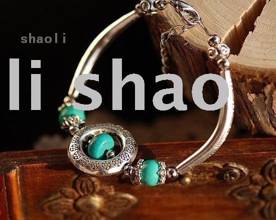 Green Turquoise Beads Bracelet Wristband Cuff Ethnic Jewelry Tibetan Silver Ring Bangle Brand New 10pcs/lot #4237(China (Mainland))