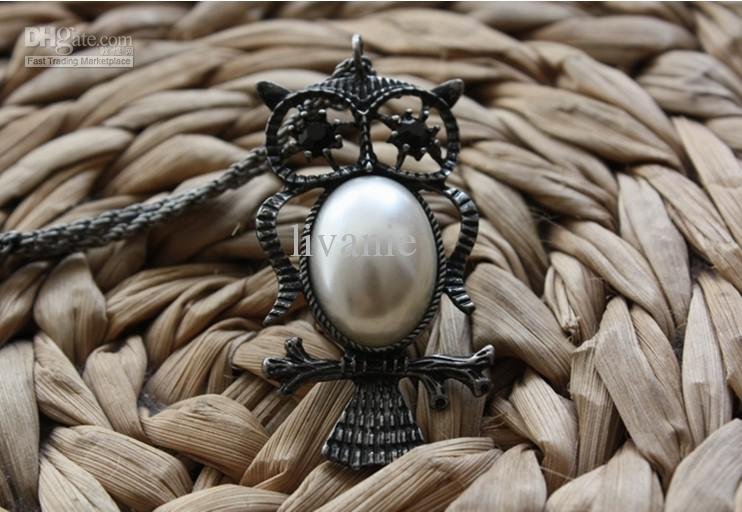 Lovely Owl Pendant Necklace With Big Pearl/Long Sweater Necklace/MOQ:20pcs/lot(China (Mainland))