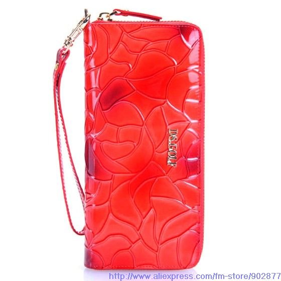 Free shipping, red Luggage, Bags / Cases, Ladies Fashion purse, irregular geometric shapes embossed patent real leather wallet(China (Mainland))