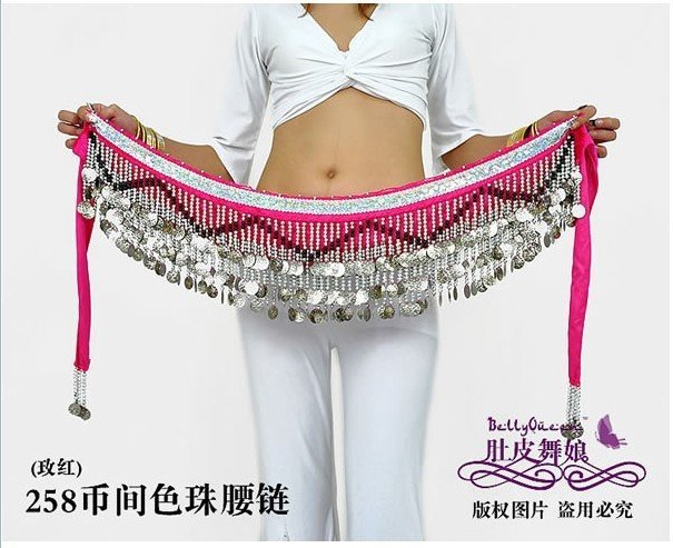 Free Shipping Wholesale Long tassel waist chain 258 coins stage costume Performance Parts Hip Scarf belly