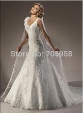 HS9948 Free Shipping Floor length V neck Mermaid Wedding Dresses Handmade Flower Long Court Train Elegant
