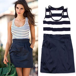 White  Dress on Navy Style Navy Blue White Strips Fashion Dress Round Neck Sleeveless