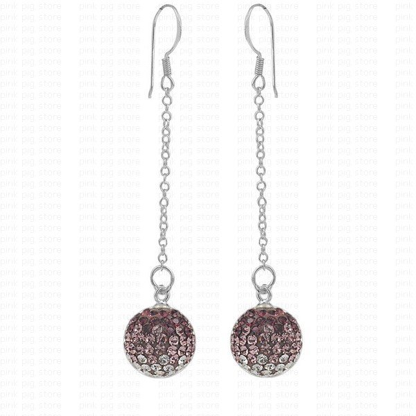 Free shipping purple 2pcs 925 silver jewelry long line silver earring sterling silver full cz rhinestone ball 925 earrings(China (Mainland))
