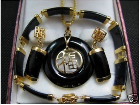 Beautiful black jade pendant bracelet earring set Fashion Free shipping(China (Mainland))