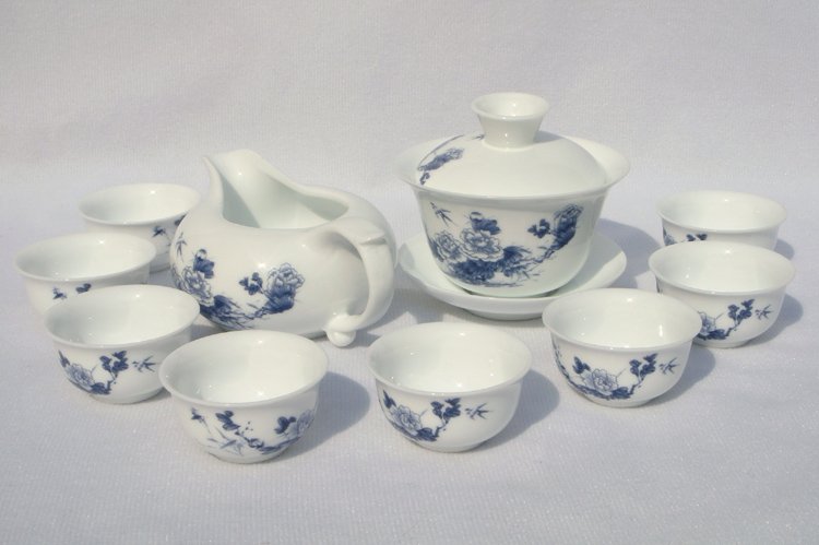 10pcs smart China Tea Set Pottery Teaset Blue Peony TM18 Free Shipping