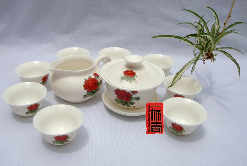 10pcs smart China Tea Set Pottery Teaset Peony TM25 Free Shipping