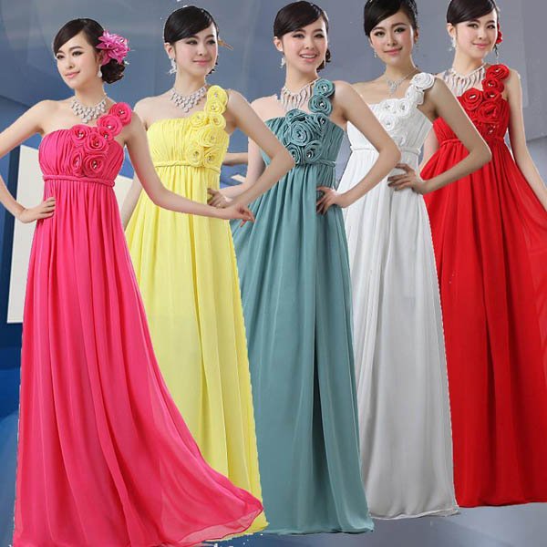 oneshoulder long chiffon formal evening dress gowns 2011 with floralred 