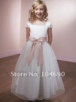 Girls Party Dress on Bow Wedding  Pageant Party  Ball Grown Flower Girls Dress  Stain White