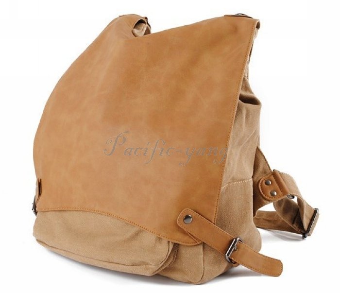Women girls fashion Canvas Backpack Shoulders Bag packsack khaki with soft PU lady totes Hiking Casual