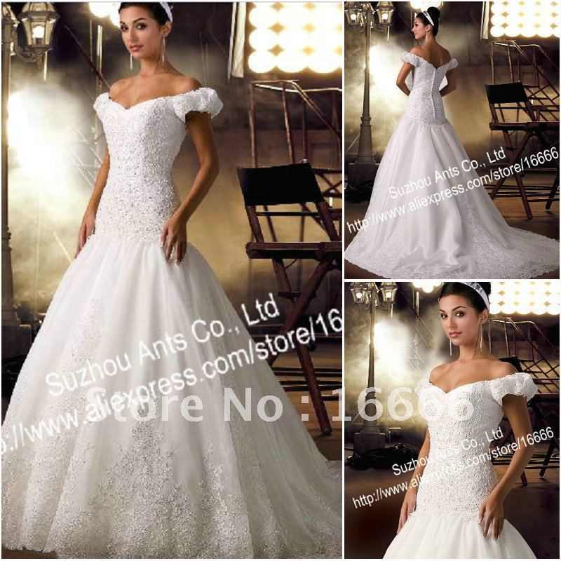 Amazing CW085 Trumpet Beaded Lace over Organza Cap Sleeve Wedding Gown 