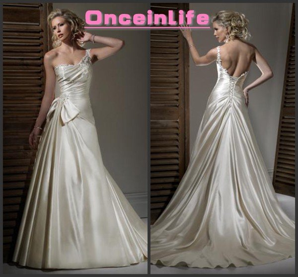 one shoulder satin ruffles bowknots a line lace up wedding dress 2012