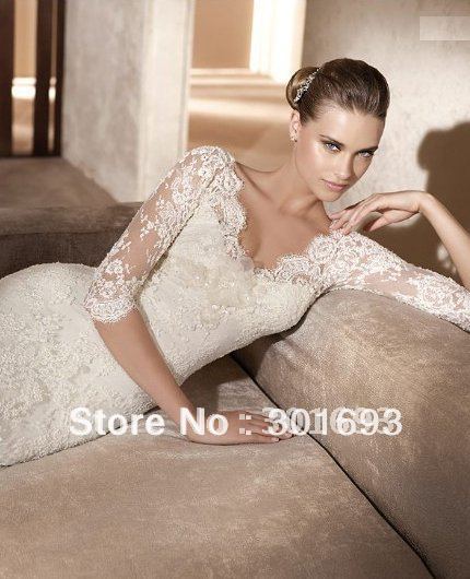 Free Shipping A38 Lace Long Sleeve Wedding Dresses with Long Veil
