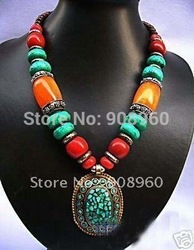handmade Tibet silver Buddha bead Red Coral Turquoise Pendants Necklace fashion jewelry(China (Mainland))