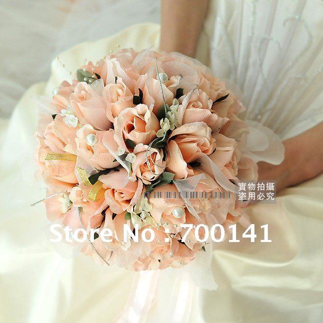 Hot Beautiful Silk PVC Light yellow Pink Champagne Beaded Wedding Bouquet 