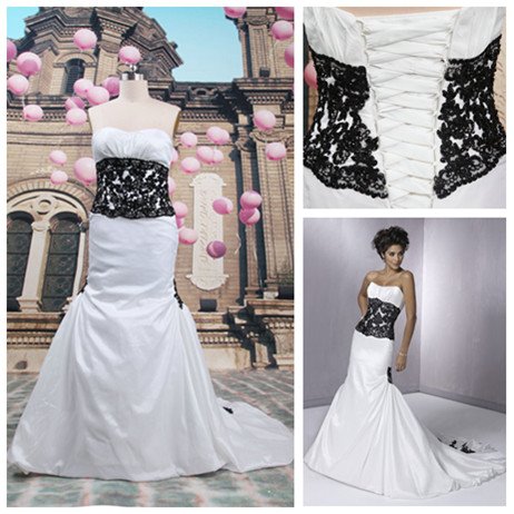 Free Shipping Real Sample White Taffeta Black Lace Wedding Dress 2011