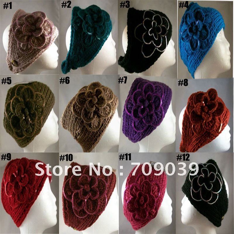 Fedex Free Shipping 2011 Newest hot sale Handmade knit headdress Flower headwrap FLOWER EAR WARMER HEAD BAND NECK WRAP SEQUINS(China (Mainland))