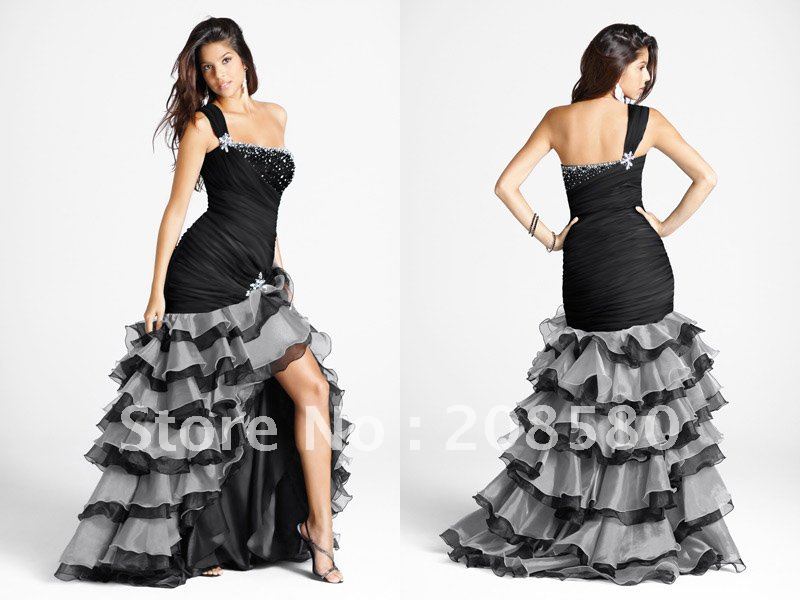 Black and white oneshoulder mermaid beaded evening prom dresses gowns