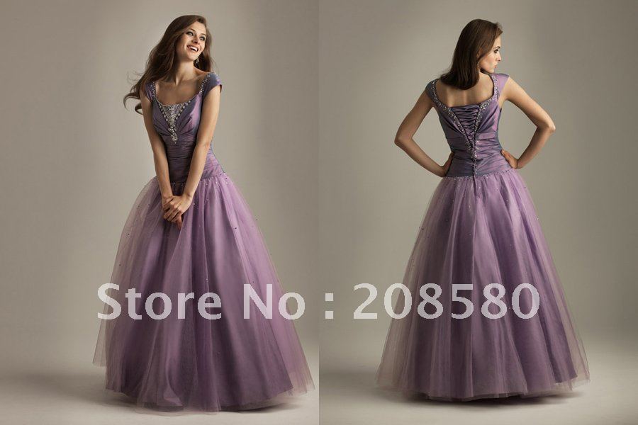 Purple cap sleeve beaded floorlength evening prom dresses gowns taffeta