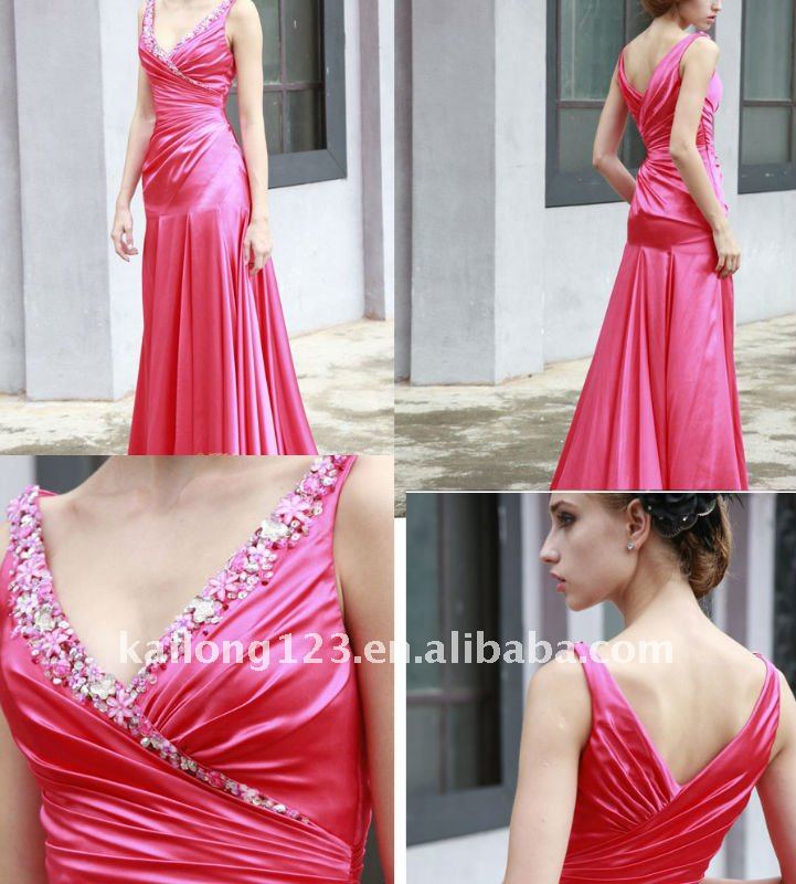 Fit and Flare Beautiful Vneck Applqiued Pink Beaded Satin Fashion Evening 