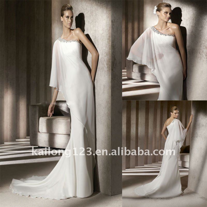  Three Quarter Sleeve Sheath Chapel Chiffon Arabic Wedding Dress