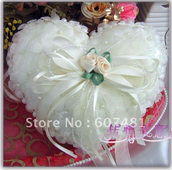 Wedding gift heart shape lace flower satin ring pillow white colorJZ013