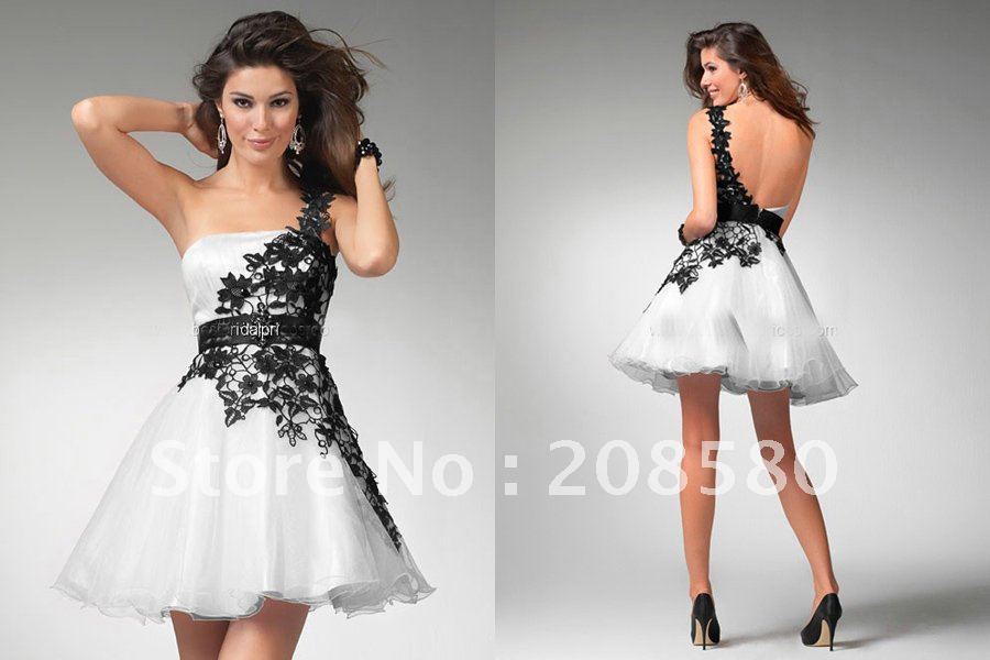 Black and white oneshoulder backless lace mini homecoming cocktail dresses 