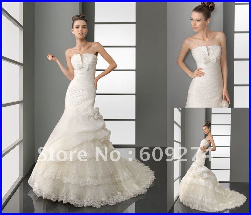 Free Shipping Strapless Backless Wedding Dress Organza Applique Wedding 