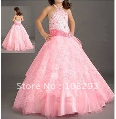 Halter Style Pink Flower Girl Pageant Wedding Dress sequin Beading Whole 