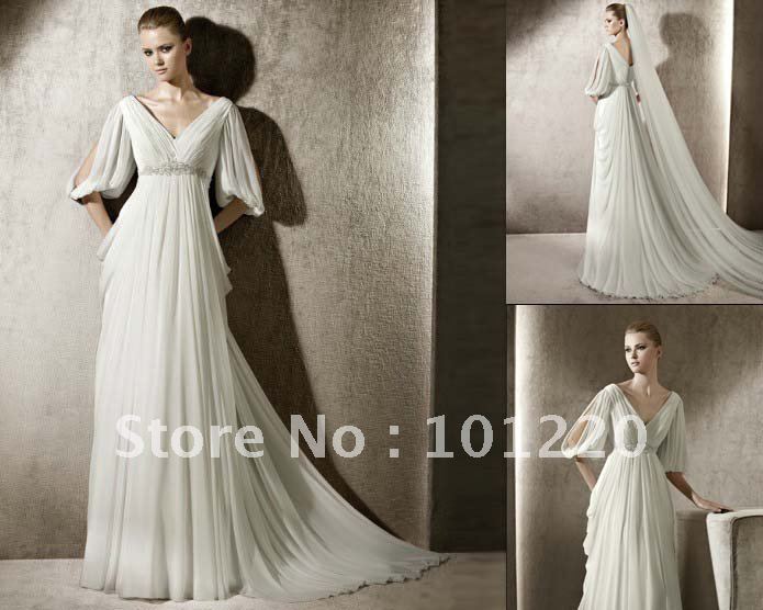 Free Shipping Silk Chiffon Wedding Gown Vneck Half Sleeves Bridal Dresses 