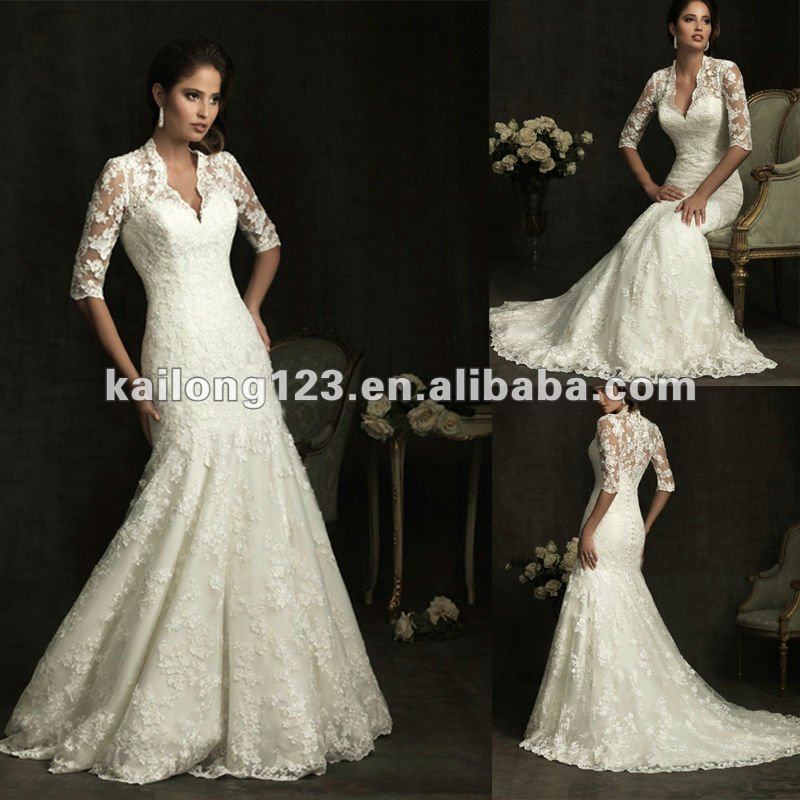New Arrive Long Sleeves Scalloped Lace Mermaid Wedding Gown