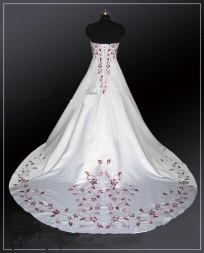 NEW White Ivory Red flower ALine Satin Embroidery Bridal
