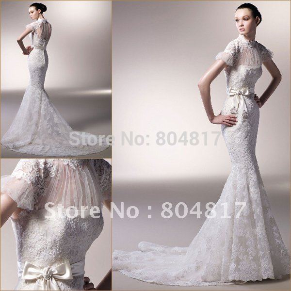EZ0041Gorgeous High Neck Short Sleeve Mermaid Lace Wedding Dress 2012