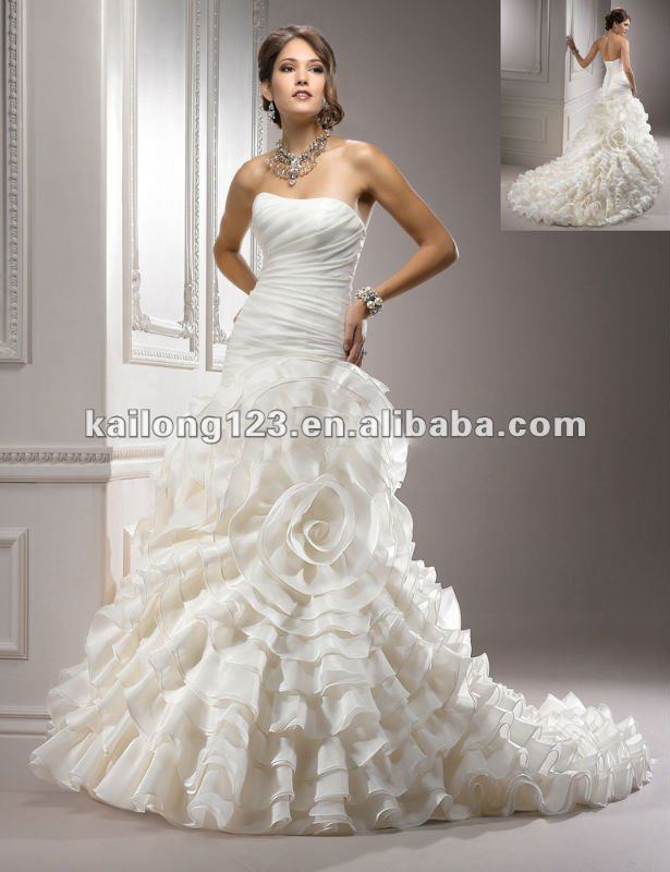 Strapless flower applique designer wedding dress